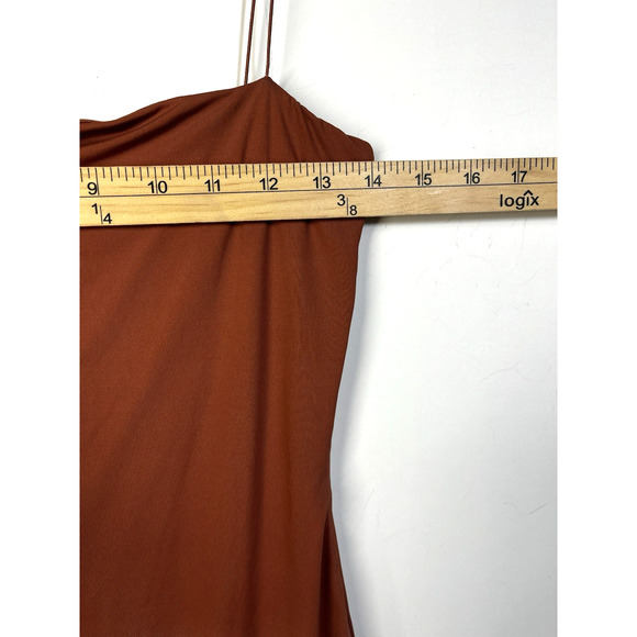 Meshki Thin Strap Bodycon Mini Dress Terracotta Stretch Lined Size Medium - Picture 3 of 9